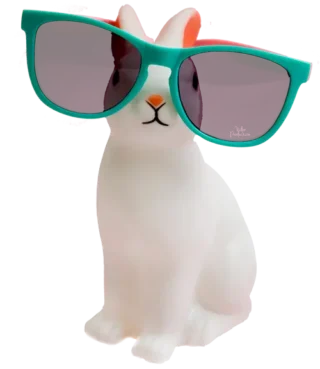 White rabbit wearing green sunglasses.