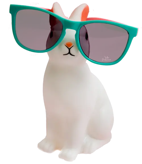 White rabbit wearing green sunglasses.