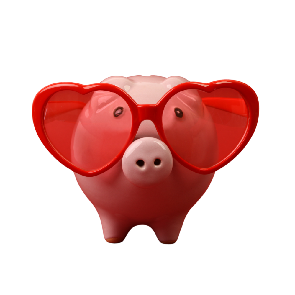 Traditional piggy bank wearing red heart glasses.