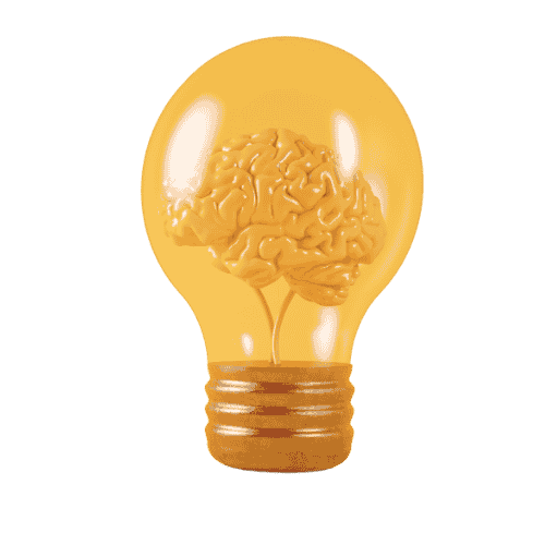 An orange lightbulb with a brain inside of it.