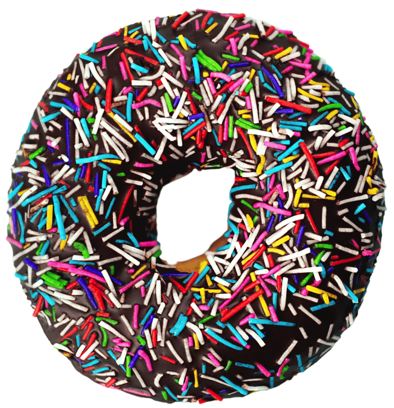 Dark donut with colourful sprinkles.